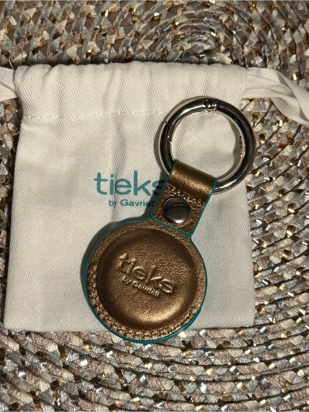 Tieks Bronze Leather AirTag Key Ring with Teal Edge